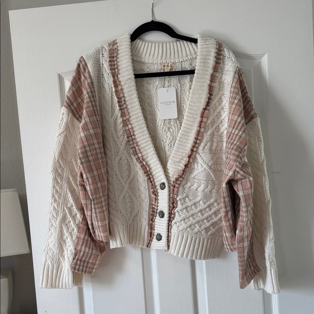 POL Ivory and Blush Cable Knit Button Cardigan